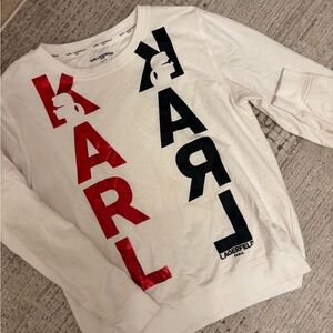 Karl Lagerfeld Paris White Sweatshirt with Metallic Red and Black Graphic Design